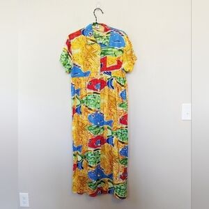Vintage 90s Abstract Tropical Fish All Over Print Maxi Shirt Dress